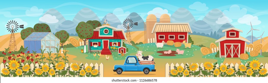 Panorama de granja con invernadero, granero, casas, molinos, campos, árboles y animales de granja. Ilustración vectorial al estilo de las caricaturas planas. Fondo transparente en las capas.