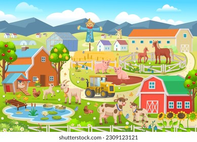 Farm panorama with a greenhouse, barn, houses, mills, fields, trees and farm animals.Big scene with farm animals for kids.Vector illustration in cartoon style.  