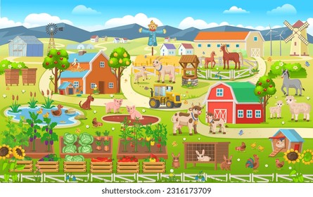 Farm panorama with a greenhouse, barn, houses, mills, fields, trees and farm animals.Big scene with farm animals for kids.Vector illustration in cartoon style.  