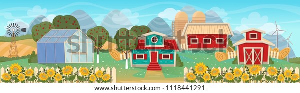 Farm Panorama Greenhouse Barn Houses Mills Stock Vector Royalty