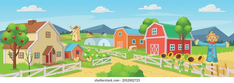 Farm panorama with a greenhouse, chicken coop, scarecrow, barn, houses, mills, fields, trees. Vector illustration in cartoon style.  