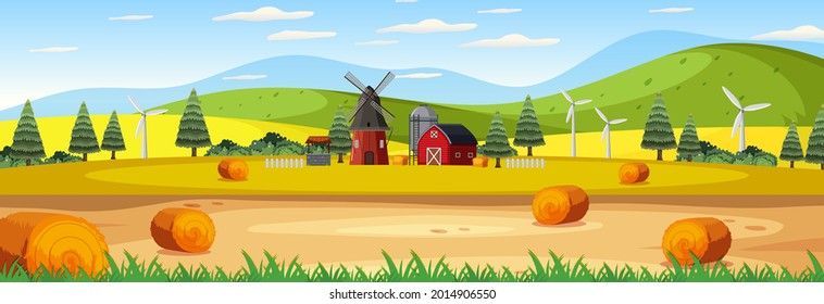 Farm panorama landscape scene with barn and windmill illustration
