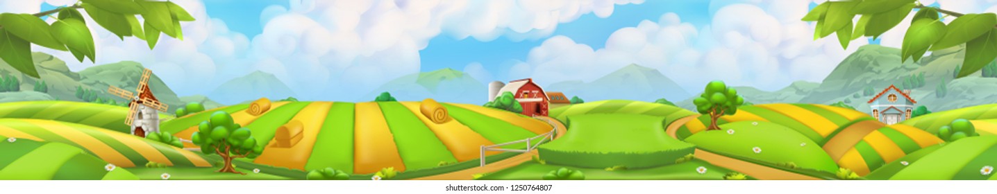 Farm, panorama landscape vector background