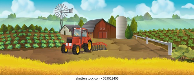 Farm, Panorama Landscape, Vector Background