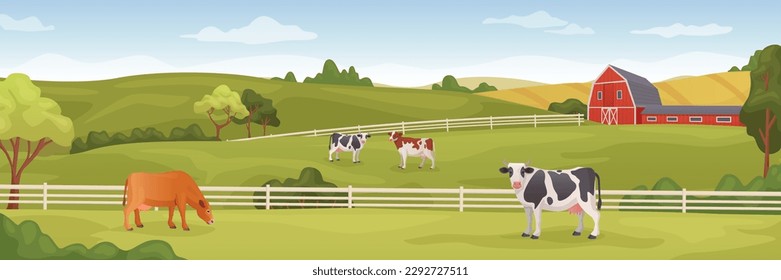 Farm panoramic landscape. Rural farmland cartoon background, agriculture abundance with cow and farmhouse in spring field, countryside green meadow on ranch, vector illustration of farm landscape