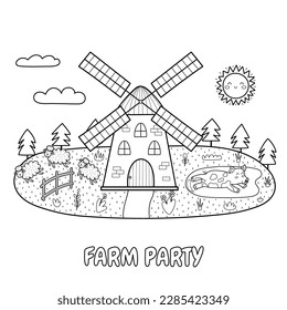 Farm Party black and white print with a windmill, pig in mud and sheep. Summer green meadow coloring page. Vector illustration
