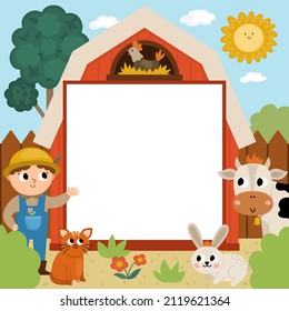 Farm party greeting card template with cute farmer, rural landscape and animals. Countryside poster or invitation for kids. Bright country holiday illustration with cow, rooster, hen