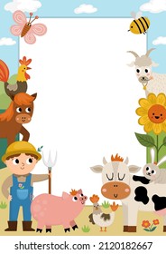 Farm party greeting card template with cute farmer, rural landscape and animals. Countryside poster or invitation for kids. Bright country holiday illustration with cow, pig, hen, horse