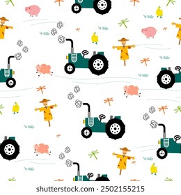 Farm pattern design.Countryside design for kids, book cover, kids clothing, card.Cute animal pattern and tractor and scarecrow ,tractor, bran, dragonfly ,chicken.cute farm pattern.