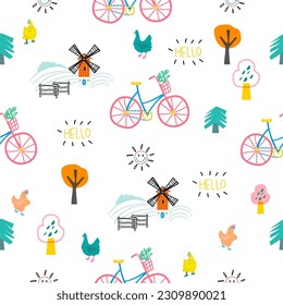 Diseño de patrones de granja. Bicicleta y pollo y árbol lindo, animal lindo sobre fondo blanco. patrón. Diseño de patrones de bicicletas coloridas para ropa infantil, tarjeta, tela.
