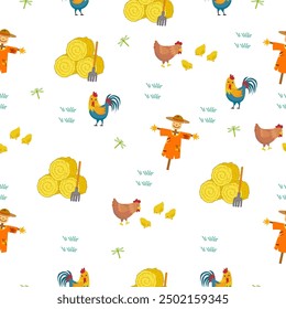Diseño de patrón de granja. Lindo pollo y espantapájaros, libélula, pajar en el patrón de fondo blanco. Diseño de patrón de granja para ropa de niños, tarjeta, tela.