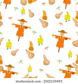 Farm pattern design.Cute chicken and scarecrow, dragonfly ,Pumpkin on white background pattern.farm pattern design for kids clothing ,card, fabric.