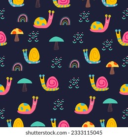 Farm pattern design.Cute snails  and flower ,cute snails on dark background. pattern design for kids clothing ,card, fabric.snails flower abstract seamless pattern