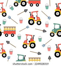 Farm pattern design.Cute tractor agricultural tools on white background pattern.tractor pattern design for kids clothing ,card, fabric.Countryside