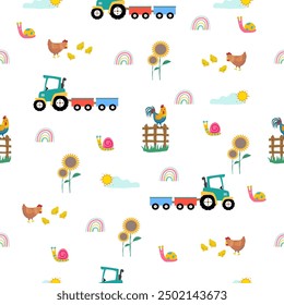 Diseño de patrón de granja. Tractor lindo y pollos, caracoles, animales lindos sobre fondo blanco. diseño de patrón de granja y tractor para ropa para niños, tarjeta, tela. patrón abstracto de camión tractor sin costuras