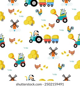 Farm pattern design.Cute tractor ,chickens ,Snails, Haystack, cute animals on white background. farm and tractor pattern design for kids clothing ,card, fabric.tractor truck abstract seamless