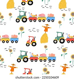 Diseño de patrones de granja. Tractor y animal lindo, flor de sol sobre fondo blanco. diseño de patrones de tractores para niños ropa, tarjeta, tela, portada de libros.