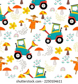 Diseño de patrón de granja.Un tractor con fondo blanco. diseño de patrones.tractores para ropa para niños, tarjeta, tela.Campo