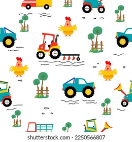 Farm pattern design.Cute tractor  and vehicle ,cute chicken on white background. pattern.tractor pattern design for kids clothing ,card, fabric.tractor truck abstract seamless pattern  