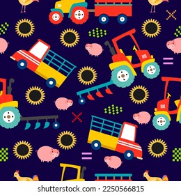 Farm pattern design.Cute tractor  and vehicle ,cute animal on dark background. pattern.tractor pattern design for kids clothing ,card, fabric.tractor truck abstract seamless pattern  