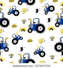 Farm pattern design.Cute tractor  and vehicle ,cute animal on dark background. pattern.tractor pattern design for kids clothing ,card, fabric.tractor truck abstract seamless pattern