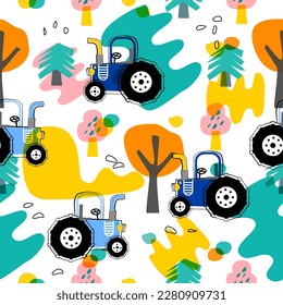 Farm pattern design.Cute tractor  and vehicle ,cute animal on dark background. pattern.tractor pattern design for kids clothing ,card, fabric.tractor truck abstract seamless pattern