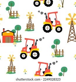 Farm pattern design.Cute tractor and windmill, tree ,barn on white background pattern.tractor pattern design for kids clothing ,card, fabric.Countryside