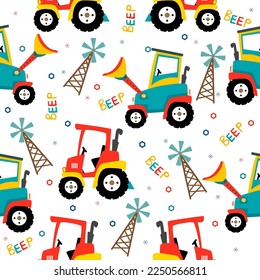 Farm pattern design.Cute tractor  and windmill on white background. pattern.tractor pattern design for kids clothing ,card, fabric.Countryside