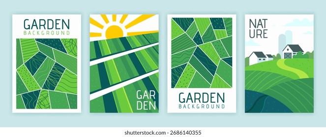 Padrão de farm. Paisagem de campo. Vista aérea em terra. Fundo do jardim rural. Textura orgânica de plantas verdes. Agricultura abstrata. Coleção de banner ou folheto. Vetor ECO design de conjunto de cartazes de alho