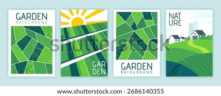 Farm pattern. Landscape of field. Aerial view on land. Rural garden background. Green plants organic texture. Abstract agriculture. Banner or flyer collection. Vector ECO design of garish poster set