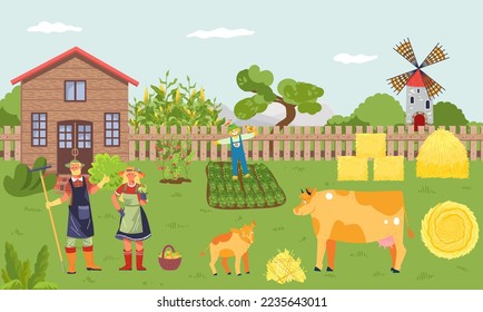 Farm with person worker, vector illustration, flat man woman charcater care about cow, hold agriculture plant in hand, organic farming at rural nature.