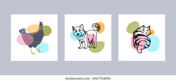 Farm, pet animals hand drawing hand drawn poster wall art vector illustration. Cat, dog, chicken line art.