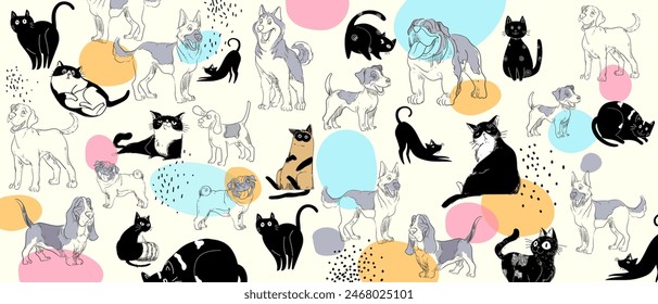 Farm, pet animals hand drawing hand drawn poster wall art vector illustration. Cat, dog, chicken line art collection.