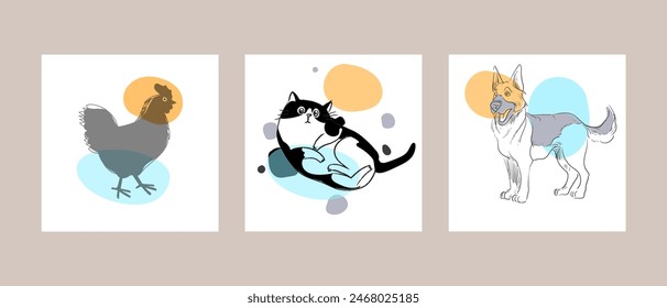 Farm, pet animals hand drawing hand drawn poster wall art vector illustration. Cat, dog, chicken line art collection.