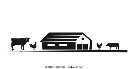 Granja y mascotas vector negro. Paisaje rural eólico.
