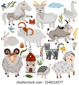 Farm with pets, cat, goose, sheep, pony, goat, bull. Cute animals in pastel colors. Village farm animals on white background. Boho animals. Vector illustration.