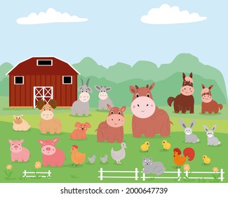 The farm and the pets living there. children's illustration with animals and birds.