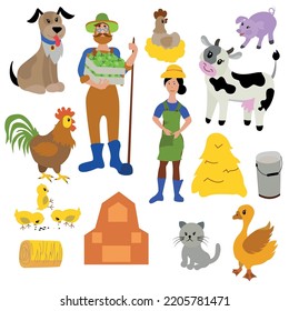 Farm with pets. Vector isolated illustration on white background.