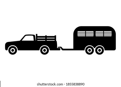 Farm pickup truck with livestock trailer icon. Black silhouette. Side view. Vector flat graphic illustration. The isolated object on a white background. Isolate.