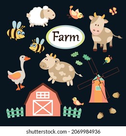 Farm pictures set. Goose, cow, sheep, birds, mill, bees. Cute cartoons in flat style.