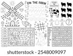 Farm placemat with cute animals. On the farm activity mat for kids with color by number, dot to dot, find the shadow, trace the lines and other games with cow, sheep, dog, etc. Vector illustration