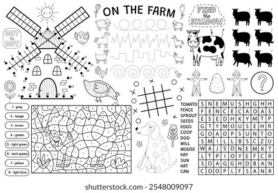 Placar de fazenda com animais fofos. No tapete de atividade agrícola para crianças com cor por número, ponto a ponto, encontrar a sombra, traçar as linhas e outros jogos com vaca, ovelha, cão, etc. Ilustração vetorial