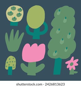 Zusammensetzung der landwirtschaftlichen Pflanzen. Netter handgezeichneter Kritzelwald, Obstbäume, Garten. Karte, Postkarte, T-Shirt-Print, Cover, Poster mit lustiger Flora für Kinder, Kinder