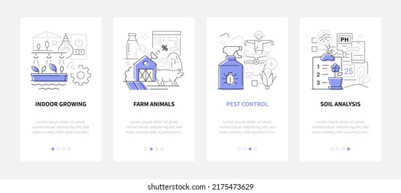 Farm Plants And Livestock - Line Design Style Banners Set With Place For Text. Illustration With Indoor Growing, Animals, Pest Control And Soil Analysis. Greenhouse, Gardening And Village Life