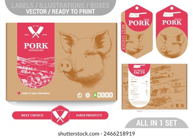 Farm Pork meat packaging design set featuring detailed hand drawn illustrations, accents and informative labels. Perfect for farms, butchers, and supermarkets seeking a high-quality meat 