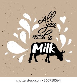 Farm poster "All you need is milk" with cow. Vector illustration