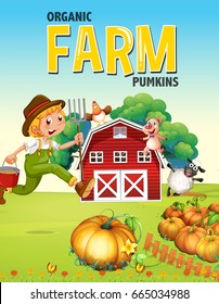 Farm poster design with farmer and animals illustration