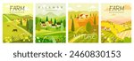 Farm poster. River and mountains, spring village, abstract field, summer tree forest park. Vacation in countryside, sky and grass, sun outdoor landscape. House and cows. Vector nature background