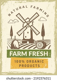 Farm poster. Windmill building on meadow background rural poster with place for text recent vector windmill picture