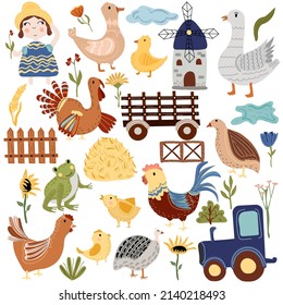 Farm of poultry, goose, quail, chicken, rooster, turkey, duck, farm truck, windmill. Rural farm poultry, on a white background. Boho farm. Vector illustration.